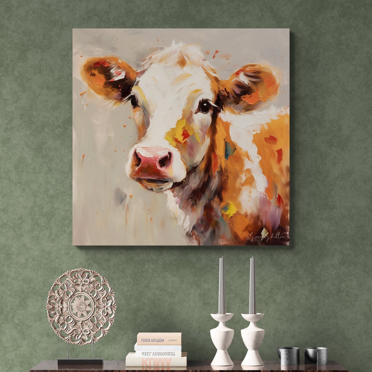 Cow Canvas Painting Print Painted Cow Canvas Wall Art Farmhouse Ranch Decor Gift for Cow Lovers Home Cattle Rancher