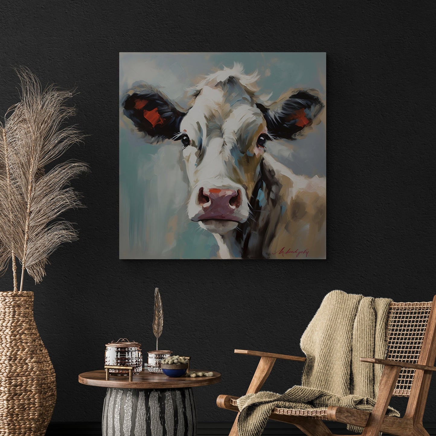 Hand painted Cow Print Canvas Painting Print Painted Cow Canvas Wall Art Farmhouse Ranch Decor