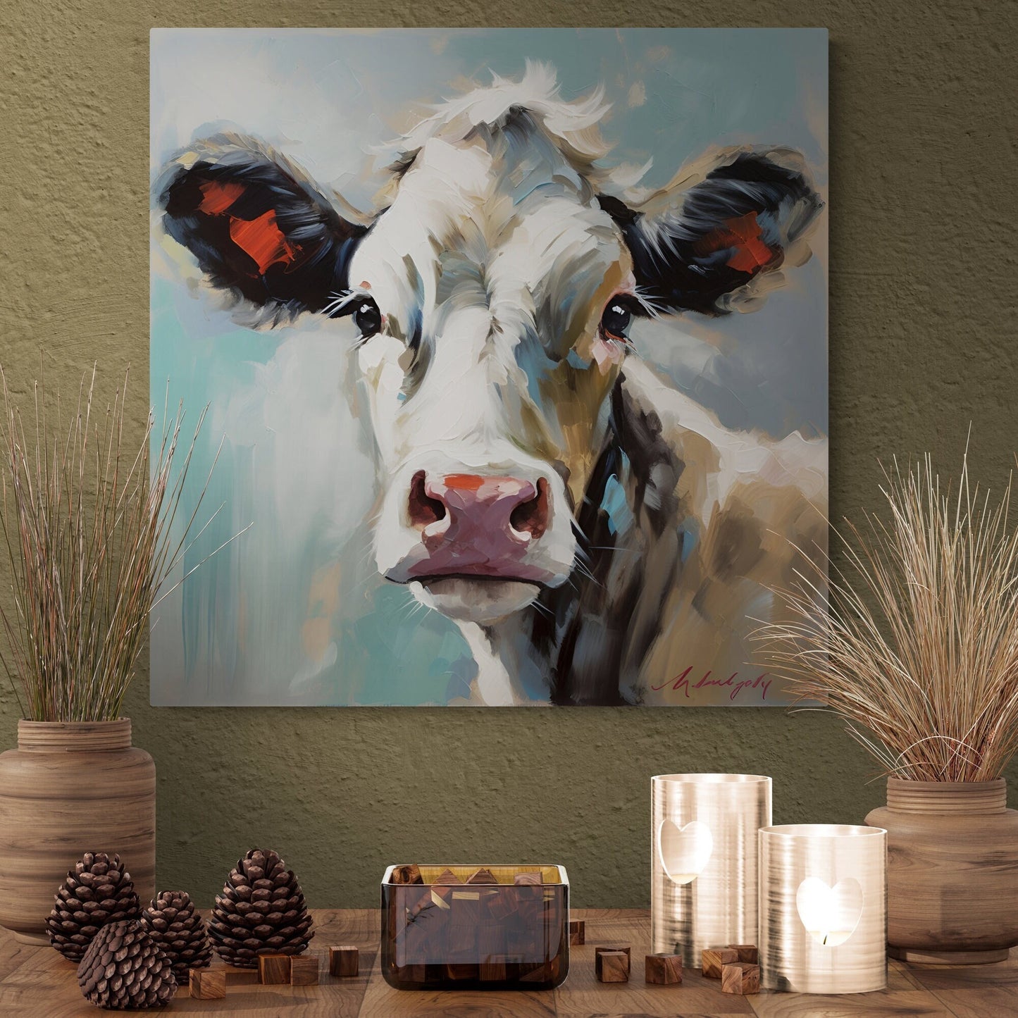 Hand painted Cow Print Canvas Painting Print Painted Cow Canvas Wall Art Farmhouse Ranch Decor